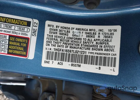 2007 Honda Civic Lx from USA, damaged, VIN 1HGFA16597L021231